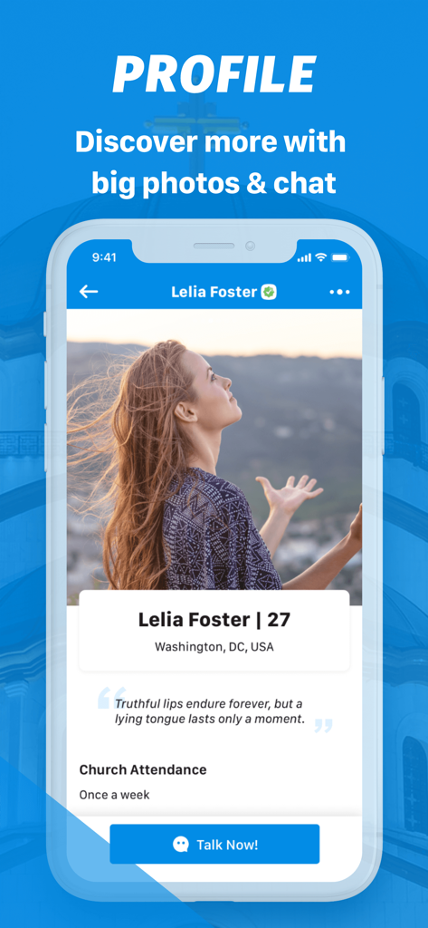 A user profile view on the CFish Christian dating app showing a woman's photo, age, location, and church attendance frequency.