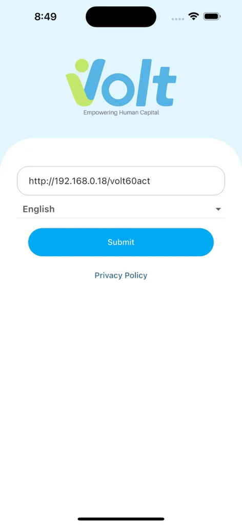 VOLT-HRMS - VOLT-HRMS mobile app server connection interface showing a URL input field and a submit button