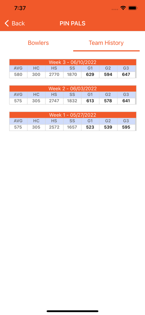 League Secretary - League Secretary app interface showing a bowling team's historical performance records including weekly scores and averages.
