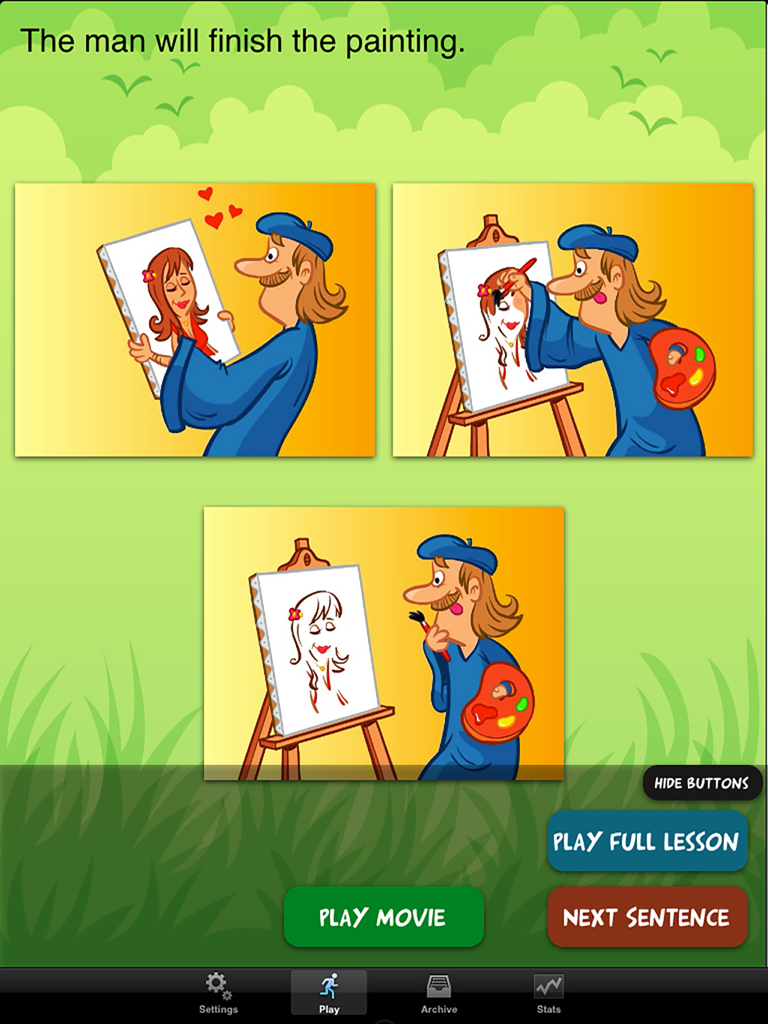 TenseBuilder - TenseBuilder app interface showing a future tense grammar lesson with illustrations of a man painting
