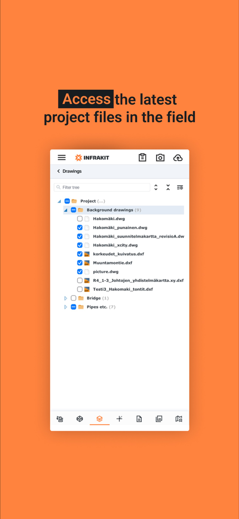 Infrakit FIELD - Infrakit FIELD App-Oberfläche, die eine Liste von Projektzeichnungen und technischen Dateien für das Baumanagement anzeigt