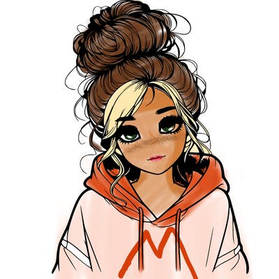 realistic girl with a massy bun and a hoodie