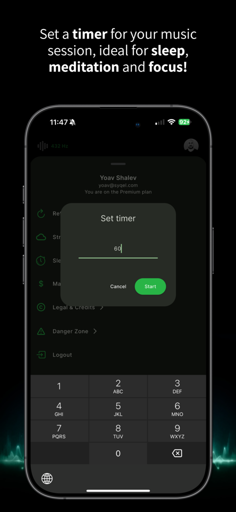 HZP (Hertz Player) - Interfaz de la aplicación HZP que muestra la configuración del temporizador de sueño y meditación.