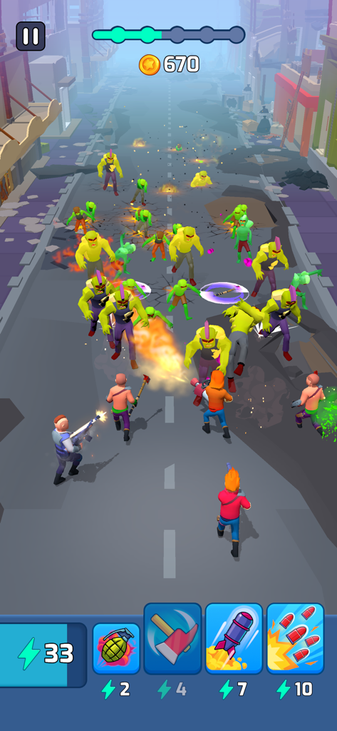 Idle Defense Survival - A squad of survivors uses weapons and tactical abilities to fight a large horde of zombies on an urban street in Idle Defense Survival.