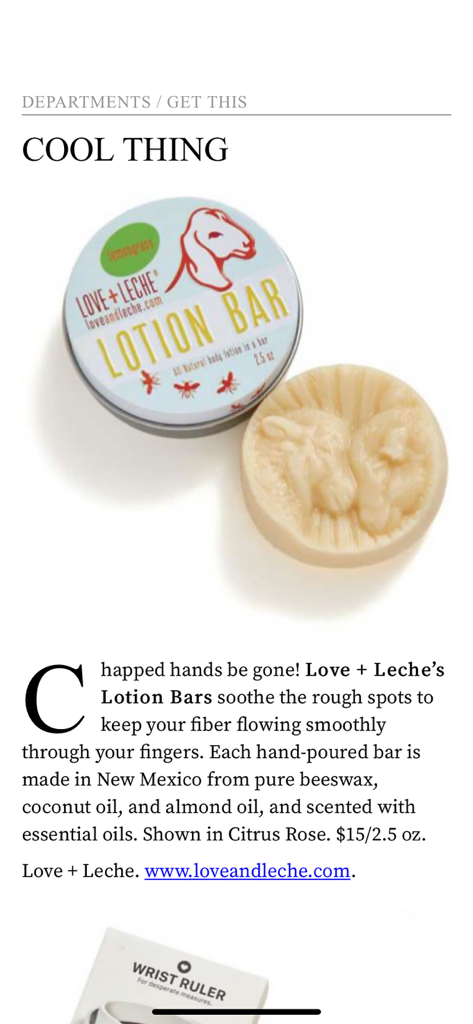 Spin Off Magazine - Spin Off Magazine article featuring a sheep shaped hand lotion bar for fiber artists