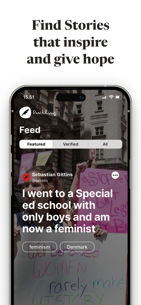 Duckling - Mobile interface of the Duckling app showing an inspirational story feed with a post about feminism.