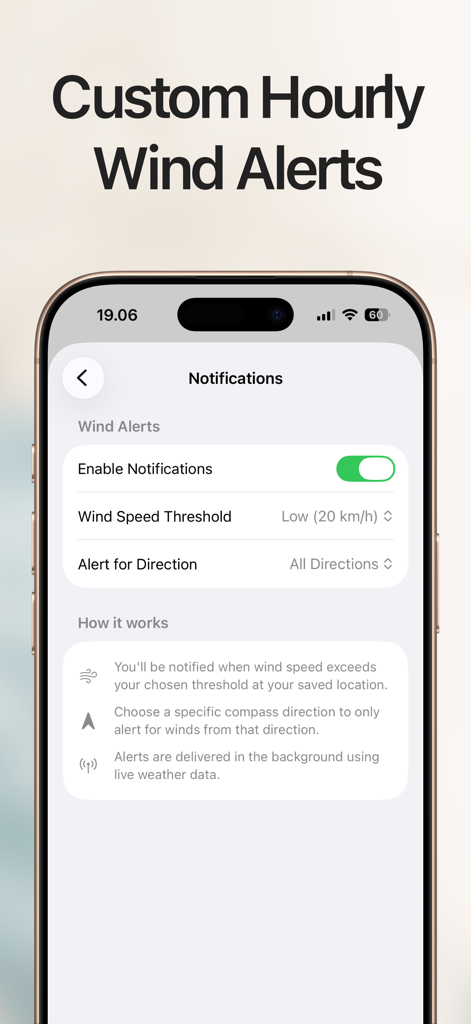 Wind Compass: Predict Speed - Interface for setting custom wind speed and direction notifications in the Wind Compass app