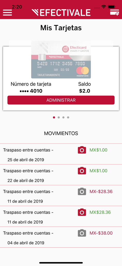 Efectivale Móvil - Interfaz de la aplicación Efectivale Movil que muestra el saldo de la tarjeta y el historial de transacciones