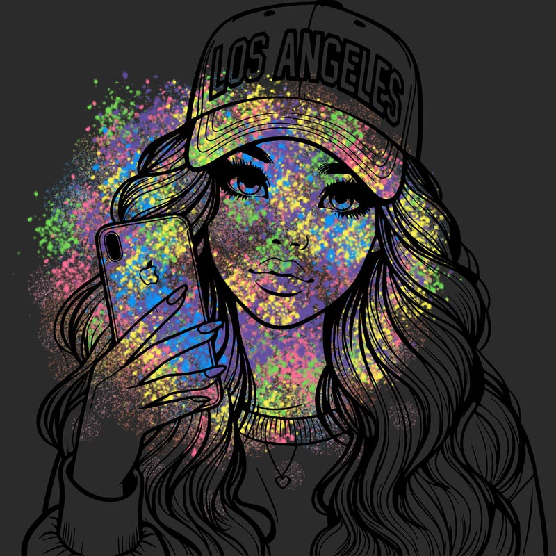 realistic beautiful girl wearing los ángeles cap holding an iphone