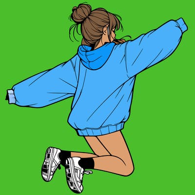 realistic girl jumping with a bun and oversized sweatshirt