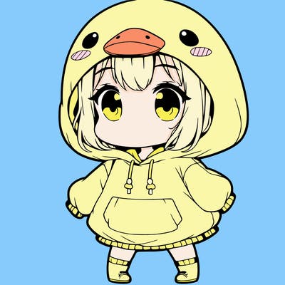 a chibi anime little girl in a oversized duck hoodie