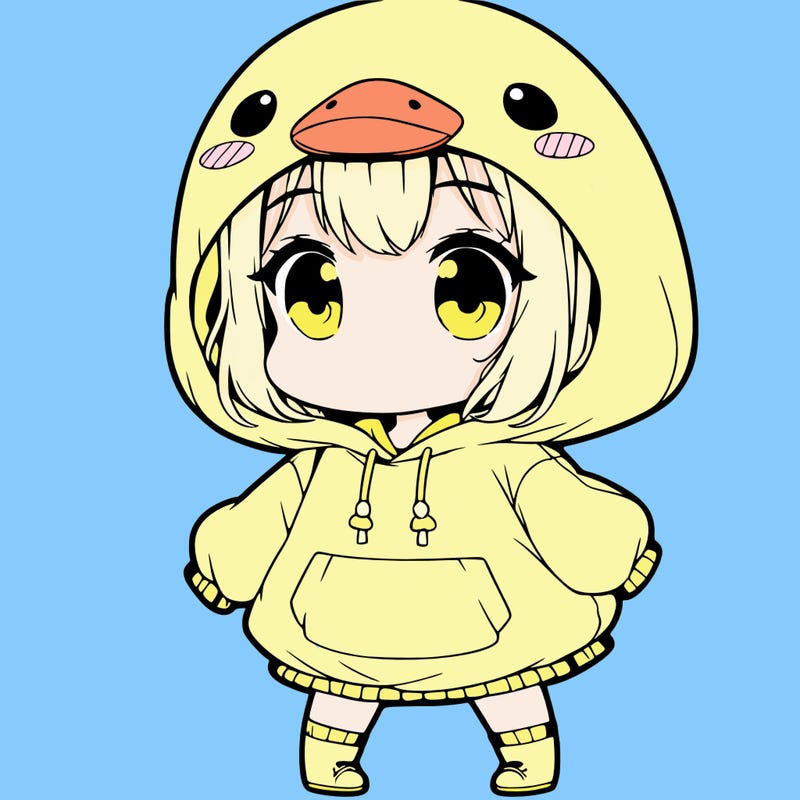 a chibi anime little girl in a oversized duck hoodie