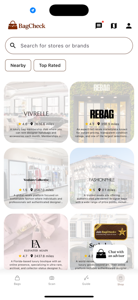 BagCheck app shop page showing trusted luxury resale stores with ratings and location information