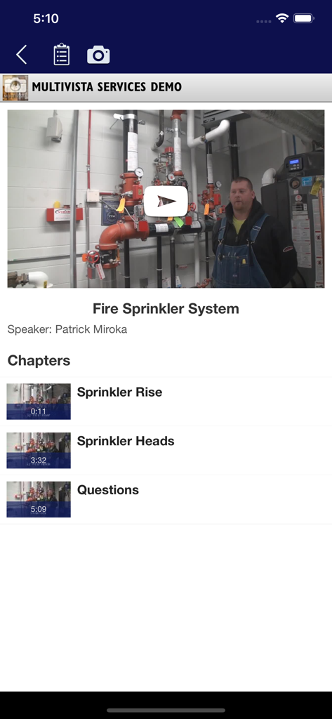 Multivista - Multivista mobile app screen showing a video demo of a fire sprinkler system with time-stamped chapters.