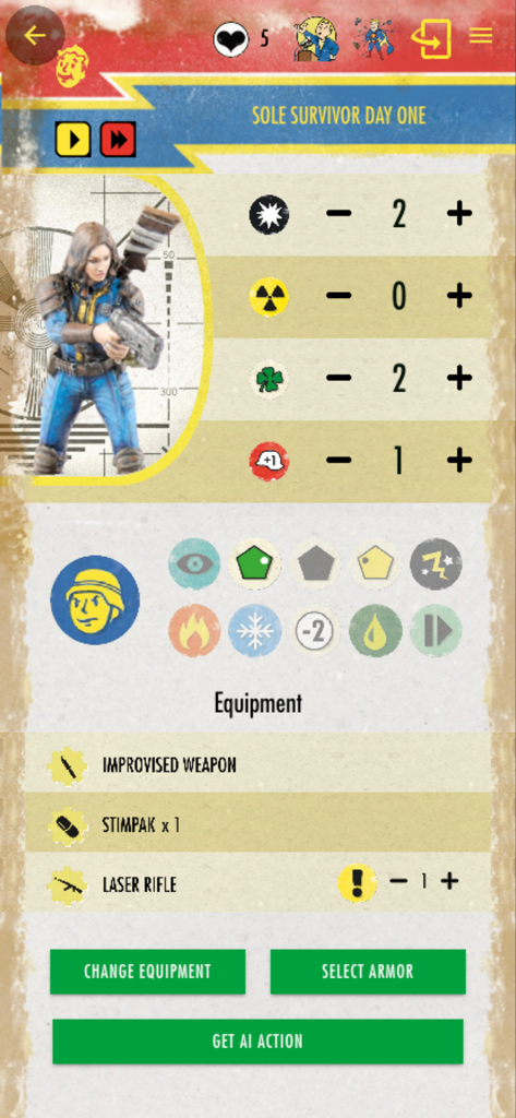 Fallout Miniatures - Pantalla de personaje de la aplicación Fallout Miniatures con estadísticas y equipo para el Único Superviviente