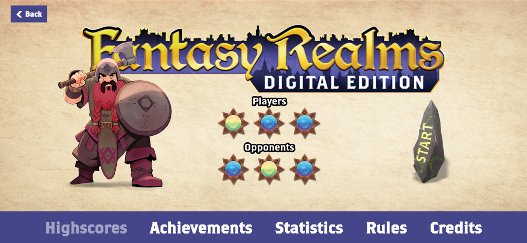 Fantasy Realms by WizKids - Main menu of Fantasy Realms Digital Edition showing player setup and start options with a fantasy dwarf character.