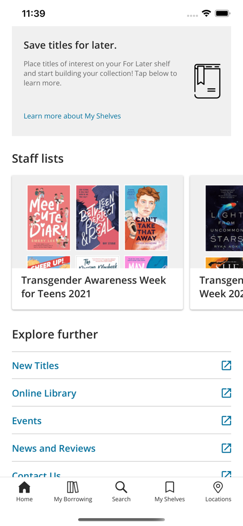 Surrey Libraries - Surrey Libraries mobile app showing staff curated book recommendations for teens and app navigation menu.