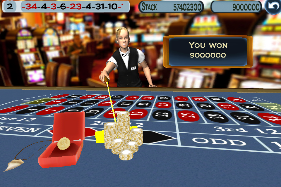 Roulette Deluxe - A 3D roulette table screenshot showing a large token win and a virtual dealer.