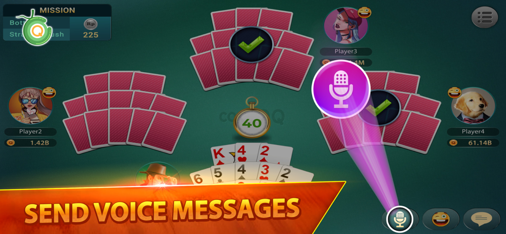A screenshot of the Coco Capsa Domino QQ Poker game showing a multiplayer card match and highlighting the voice messaging feature.