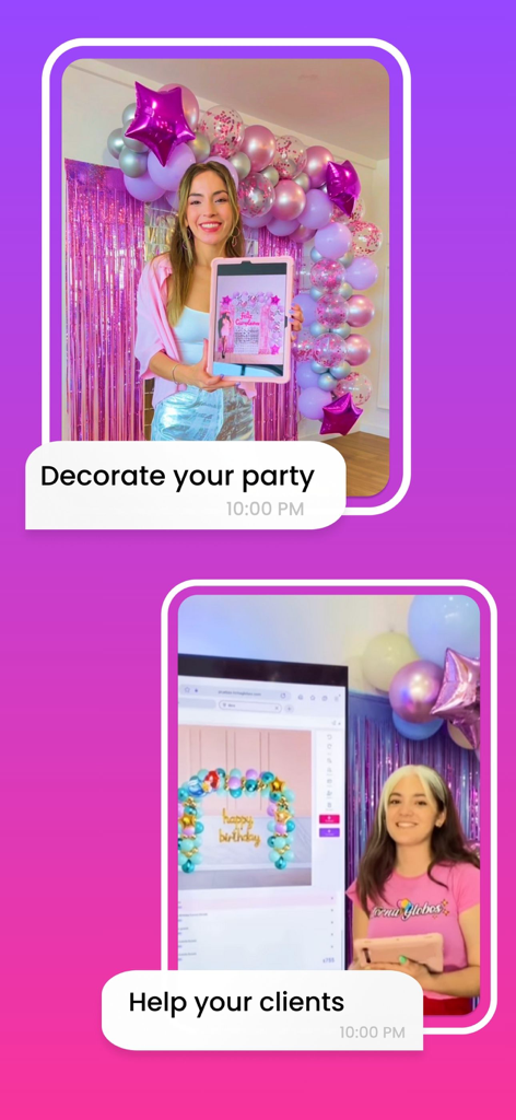 Mulher usando o aplicativo Creador para projetar decorações de balões e apresentar mockups aos clientes.