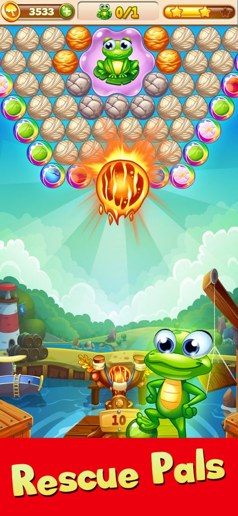 Forest Rescue: Bubble POP - Gameplay di Forest Rescue che mostra una palla di fuoco lanciata da una fionda per far scoppiare bolle e salvare una rana.