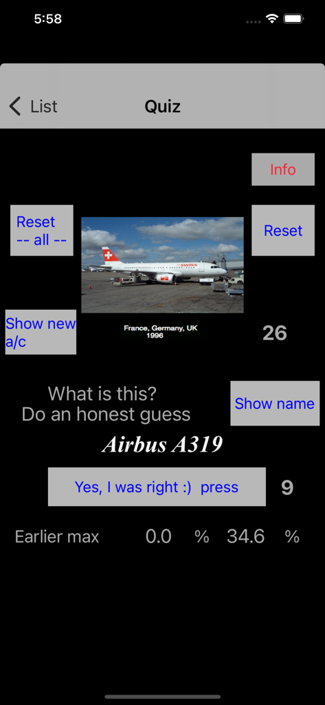 JetID - Screenshot of the JetID aircraft identification quiz showing a Swiss airline Airbus A319
