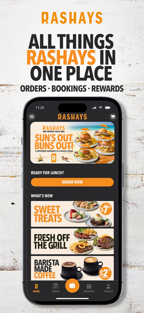 RASHAYS® - RASHAYS mobile app home screen on a smartphone showing food ordering and loyalty rewards features