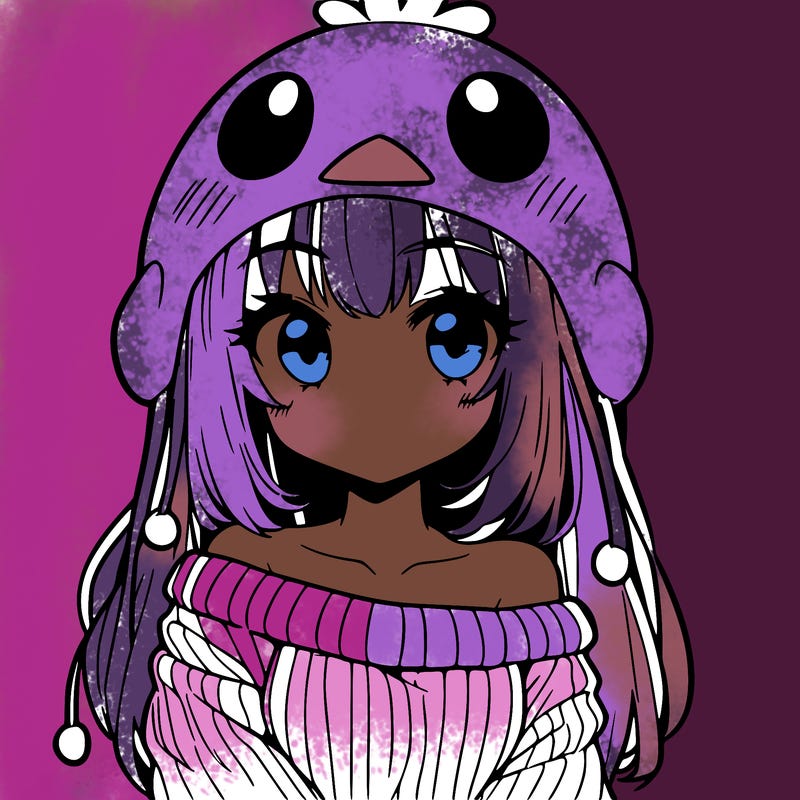 anime girl with chick shaped hat with sweater with bare shoulders with bangs covering them one eye with low tail