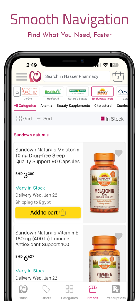 Nasser Pharmacy - Nasser Pharmacy mobile app interface showing product categories and health supplement listings