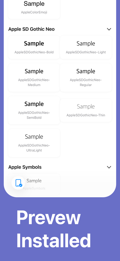 Install - Any Fonts - Screenshot of the Fonty app showing previews of different font weights and styles for installed typography.