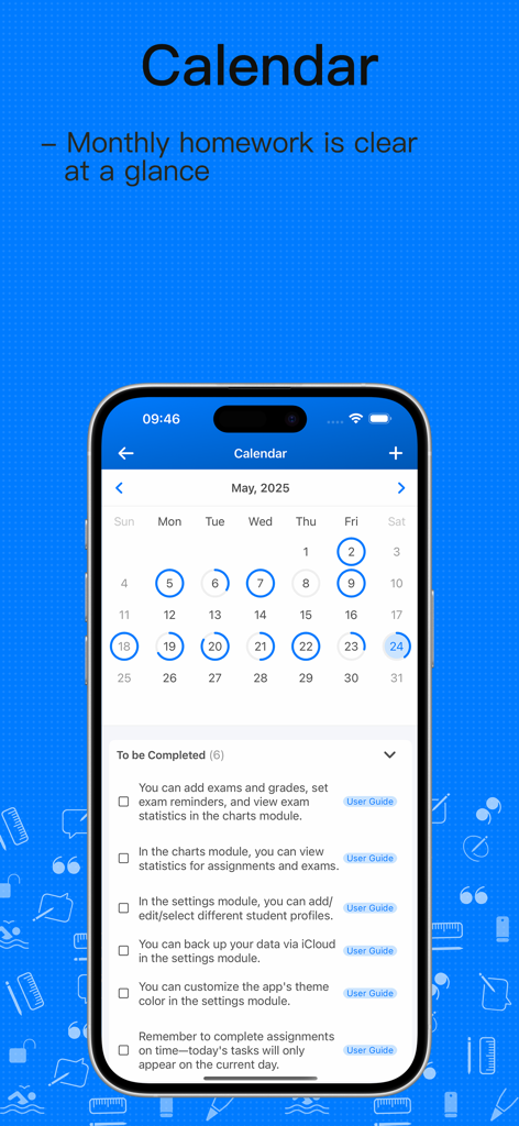 Monthly calendar view showing academic tasks and a checklist of items to be completed in the app.