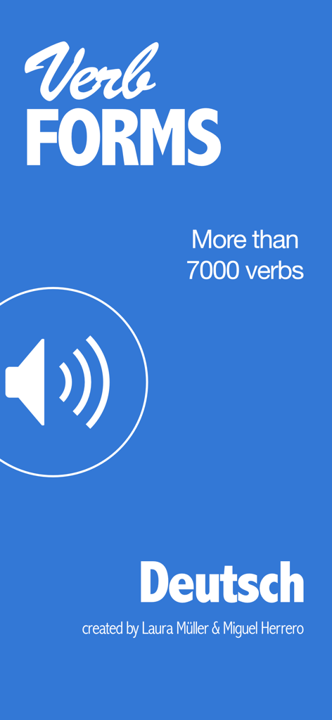 VerbForms Deutsch app intro screen showing access to over 7000 German verbs and audio pronunciation features