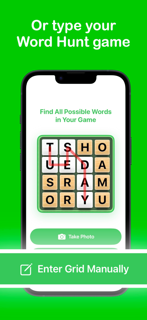 Word Hunt Solver - A screen showing the manual grid entry feature for the Word Hunt Solver app