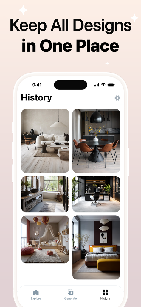 Interium - AI Home Design - A history gallery screen in the Interium app displaying several saved AI-generated interior designs for different rooms.