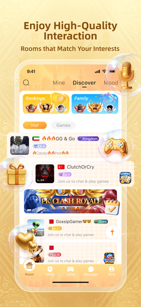 Ohma: Games and Party - Uma captura de tela da aba Descobrir do aplicativo Ohma mostrando várias salas de voz sociais e grupos de mini-games para interação de alta qualidade.