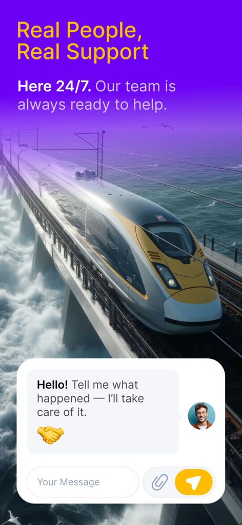 Rail Monsters: Train Tickets - Rail Monsters app 24/7 customer support chat interface with high speed train background