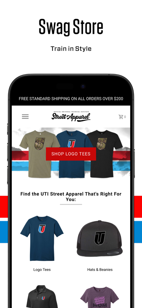 UTI Go app Swag Store interface showing branded t-shirts and hats for Universal Technical Institute students