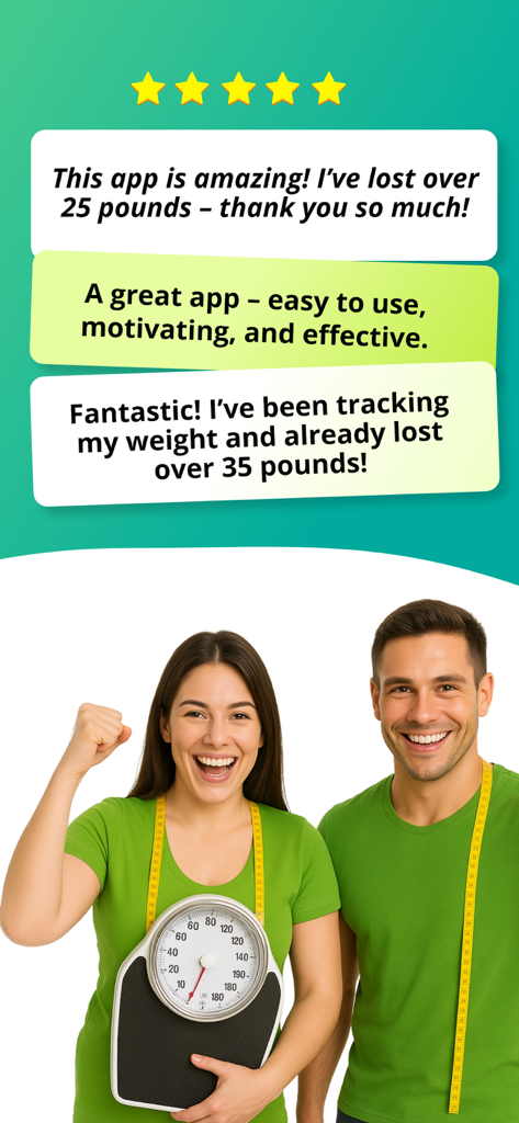 BMI Calculator + Weight Loss - Ein lächelnder Mann und eine lächelnde Frau mit Waage und Maßband, die erfolgreiche Gewichtsverlust-Ergebnisse von aktiBMI-Nutzern repräsentieren