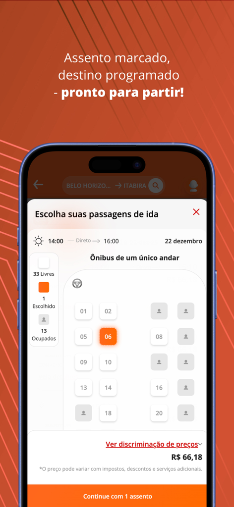 Pantalla móvil de la app Saritur Viagens mostrando la disposición de asientos del autobús para selección y precios de tickets.