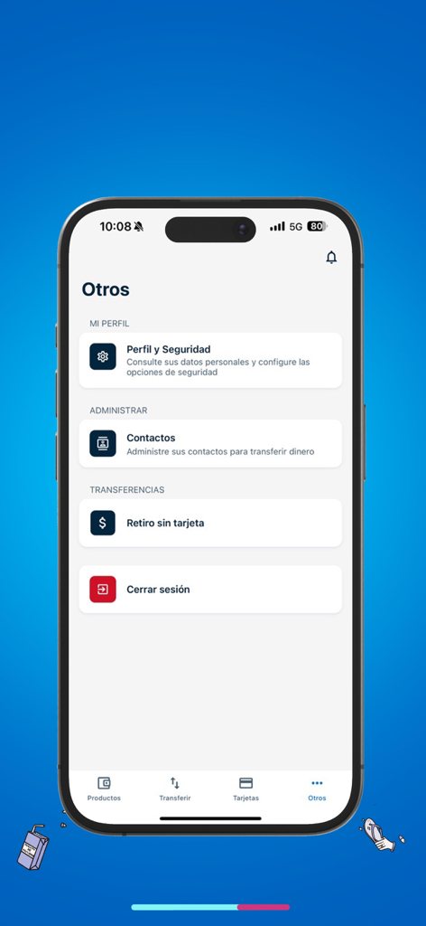 Interfaz de la aplicación móvil de Banco Caja Social que muestra el menú de otros con opciones de seguridad de perfil y retiro sin tarjeta