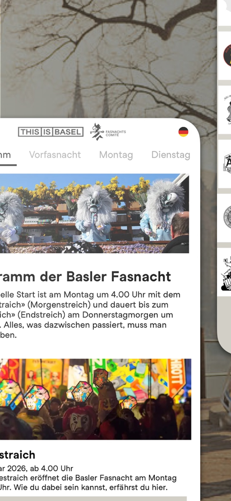 Basel City Guide - Basel City Guide app displaying the official Basel Carnival schedule and event details