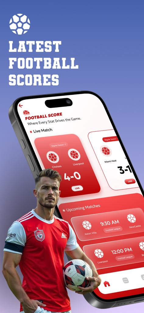 Drama Live: Sports App - Pantalla del iPhone mostrando marcadores de fútbol en vivo y horarios de próximos partidos de la aplicación deportiva Drama Live