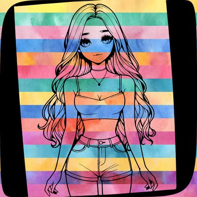 a realistic girl with long hair and in a crop top and shprts