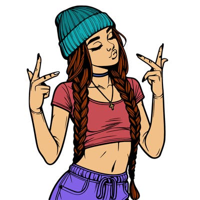 realistic teenage girl with braids and a beanie and crop top doing 🫶🏼