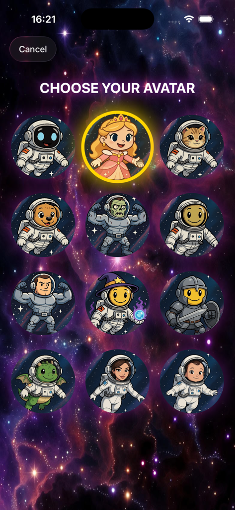 Trivia Game Quiz! - 트리비아 게임 퀴즈의 아바타 선택 화면. 다양한 우주 테마 캐릭터와 공주 선택지가 있습니다.