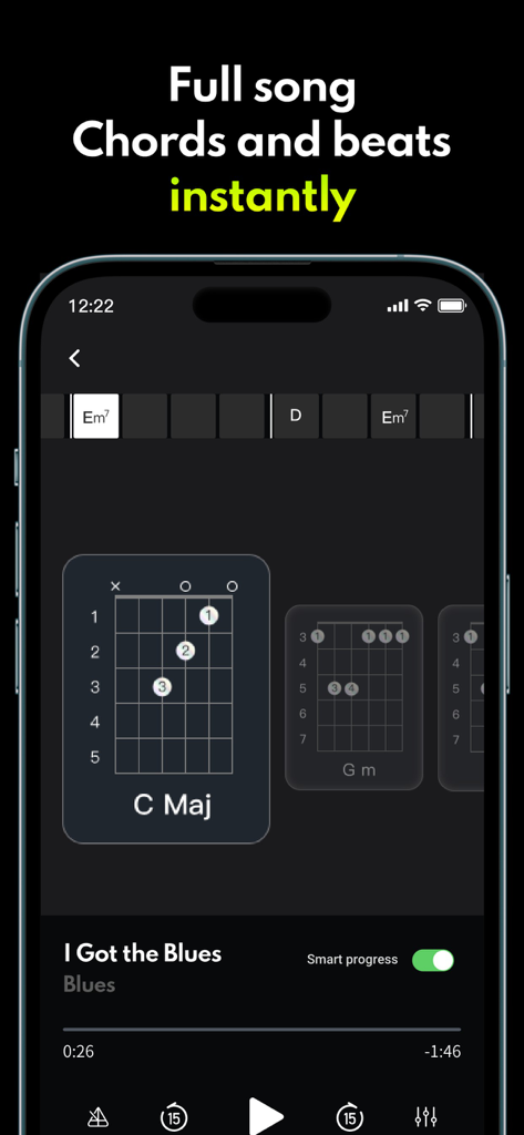 Chord it - Tune & Play Guitar - Chord it app interface showing real-time AI chord detection and guitar chord diagrams for a song.