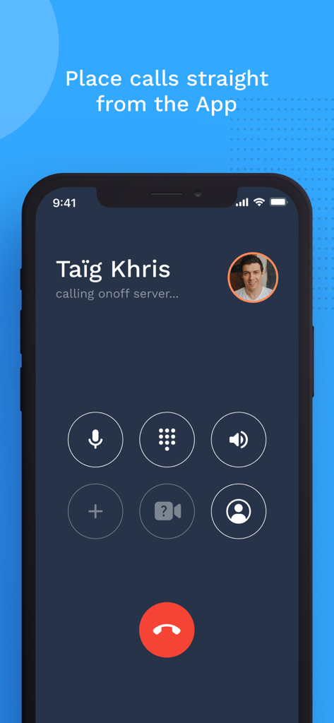 Onoff Numbers app interface showing an active outgoing call screen with options for mute speaker and keypad