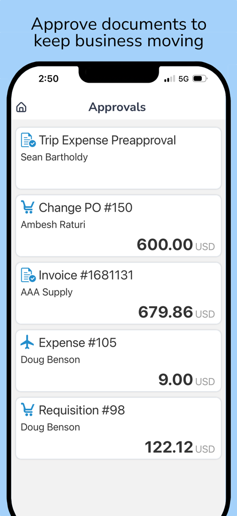 Coupa Mobile app screen showing a list of pending business approvals for expenses and invoices