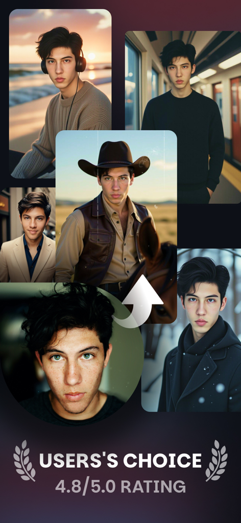 AI Photo Maker - Vintage Photo - Retratos vintage gerados por IA mostrando diferentes transformações de estilo de vida com uma classificação de 4,8 estrelas.