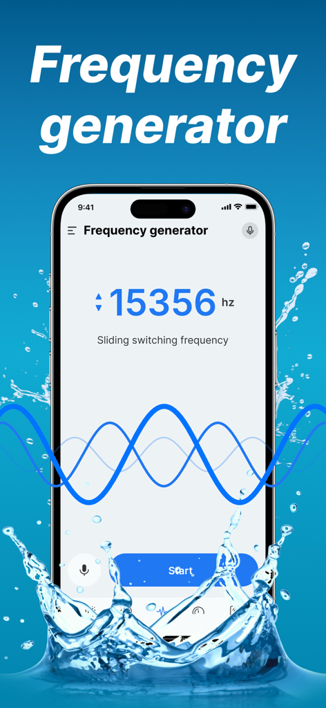 Interfaz de la aplicación Clear Wave que muestra la herramienta generadora de frecuencias con efectos de salpicaduras de agua alrededor del smartphone